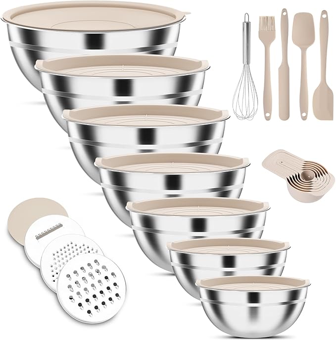 ENVTEK 7-Piece Stainless Steel Mixing Bowls Set with Lids & 3 Grater Attachments – Size 4.5, 4, 3.5, 2.1, 1.5, 1.1, 0.7QT, Kitchen Gadgets Set for Cooking, Baking, and Serving, Khaki