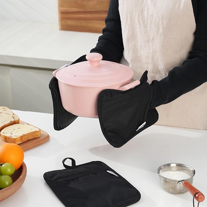 Silicone Pot Holders for Kitchen, Set of 3, Heat Resistant to 500°F, Non-Slip Wave Texture with Pocket & Hanging Loop, 7" x 9" Hot Pads for Cooking, Baking & Counter Protection (Black)