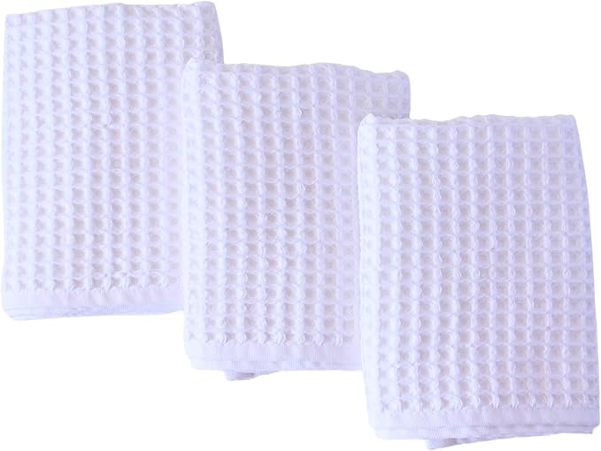 PÜSKÜL Natural 100% Turkish Cotton Waffle Kitchen Towels Set of 3 | Oeko-Tex, Premium Waffle Hand Towels for Bathroom | Soft Absorbent Quick-Dry Lint-Free Dish Towel Large 32x16 inch (3, White)