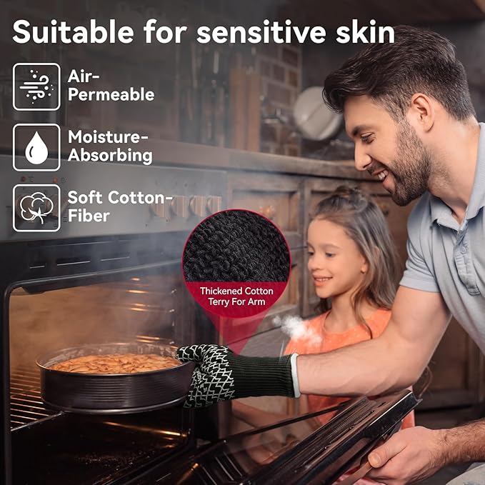 HandLove Aramid Heat Resistant BBQ Gloves – Grilling & Oven Gloves with Fingers, Silicone Grip & Long Cuffs for Cooking, Baking, and Outdoor Barbecue – Black,L