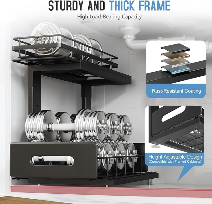 Under Sink Organizer Upgrade To Professional Rails,2-Tier Dual Pull Out Cabinet Storage,Height Adjustable Slide Out Drawers For Bathroom Kitchen,2 Pack-14.5"Dx12.8"-16.9"H,Black