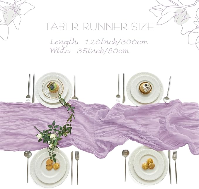 IVAPUPU 2 Pcs Cheesecloth Table Runner - 10ft Lilac Purple Lavender Spring Boho Gauze Cheese Cloth Table Runners for Baby Shower Decorations Wedding Party Garden Decor