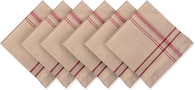DII French Stripe Tabletop Collection Farmhouse Style Dining Table Linen Napkin Set, 20x20, Taupe/Red, 6 Piece