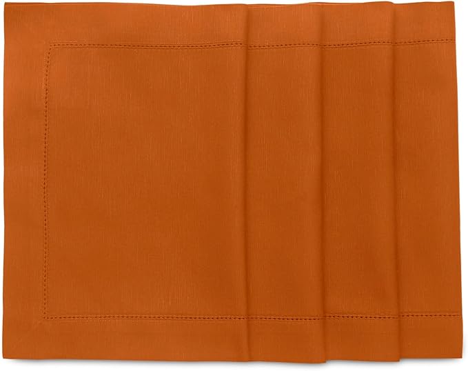 Solino Home Cotton Linen Placemats Set of 4 - Hemstitch Cinnamon Placemats 14 x 19 Inch - Machine Washable Table Mats for Mothers Day