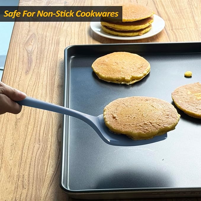 Silicone Pancake Spatula Turner with Lengthened Handle& Seamless Design, Heat Resistant Slotted Flipper for Nonstick Cookware, Large Flexible Kitchen Utensils for Egg, Pancake, Burger, Slotted Blue