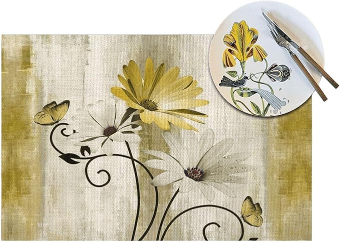 Floral Place mats Set of 4, 12x18 Inches Summer Yellow Daisy Flower Decorative Placemats Rectangle Floral Table Mats for Party Home Kitchen Dining Table Decoration