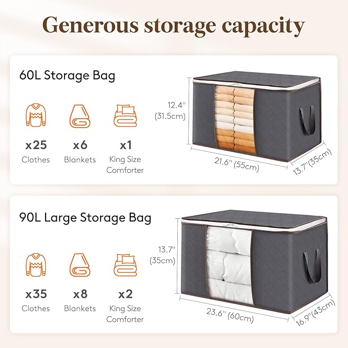 Lifewit 12 Pack 60L Clothes Storage Bins with Lids, Foldable Blanket Storage Bags with Zippers, Clear Window and Reinforced Handles, Closet and Organization for Clothing, Sweater, Comforter, Bedding