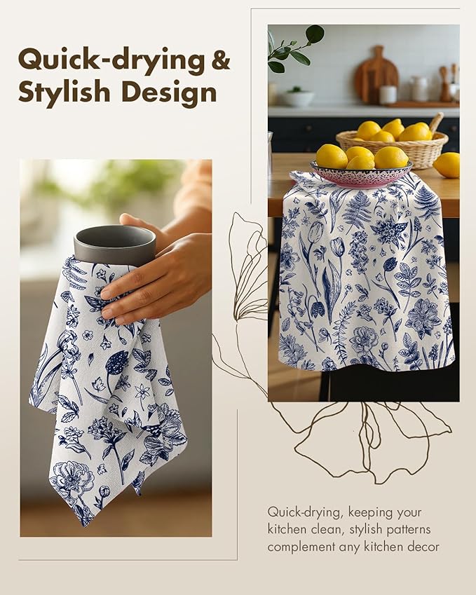 Miss Adola Flour Sack Kitchen Towels - Set of 2 Cotton Dish Towels with Hanging Loop Decorative 18x26 Inch Absorbent Cute Design for Housewarming Gifts, Linestyle