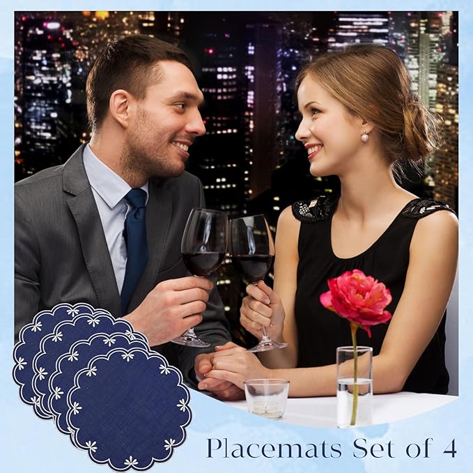 SK Studio Set of 4 Cotton Linen Placemats, 15x15 Round Scalloped Cloth Table Mats, Embroidery Double Layered Washable Dining Placemat for Hotel Restaurant Kitchen, Navy Blue