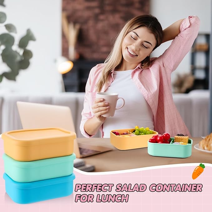 Layhit 6 Pcs Silicone Bento Box for Adults, 27 oz Bento Lunch Container 3 Compartment Lunchable Food Container for Women Men, Leak Proof Microwave Dishwasher Freezer Safe (Fluorescent Multicolor)
