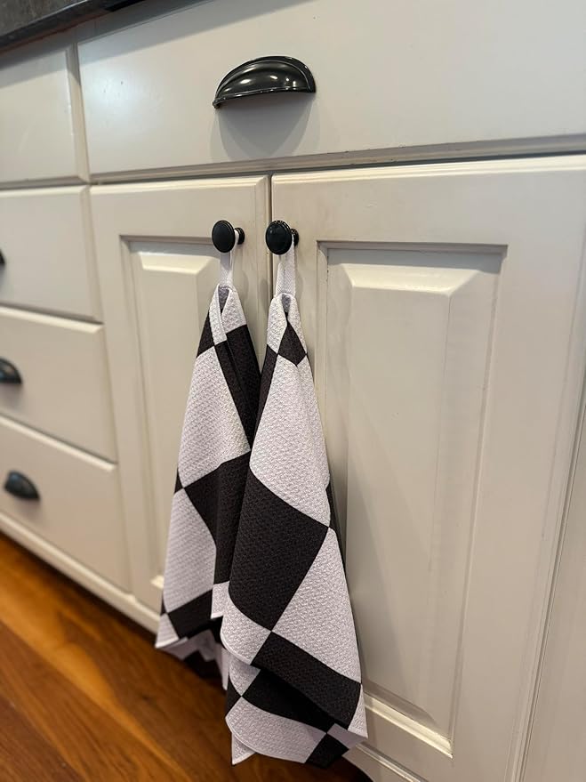 || 2 Pack|| Double Sided Dish Towels || Waffle Weave Microfiber || Highly Absorbent || Hanging Loop || Dish Cloths || Modern || Designer Prints|| Black Checker