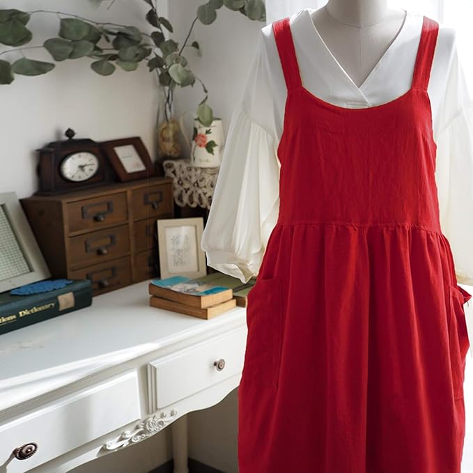 Uaussi Cotton Linen Apron Cross Back Work Apron for Women with Pockets Pinafore Dress X Cross Halter Apron for Chef Gardening