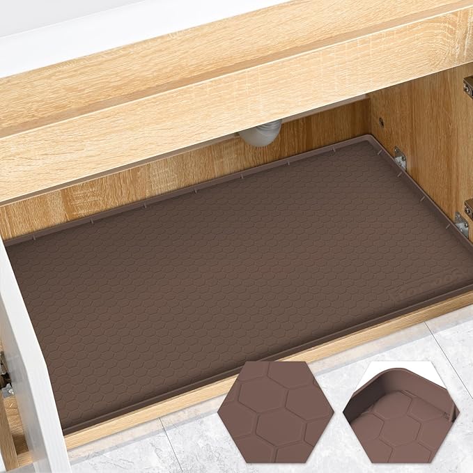Waterproof Under Sink Mat 28" x 22", Silicone Cabinet Liner, Rubber Protector for Kitchen and Bathroom, Keeps Cabinets Clean, Dry, and Organized (Brown)