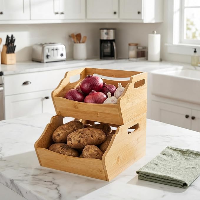 Cididu 2 Pack Bamboo Stackable Storage Bin, Countertop Open Front Stacking Bins, 2 Tier Organize Basket Box with Handle, Food Fruit Container for Cabinet, Kitchen, Studio, Office