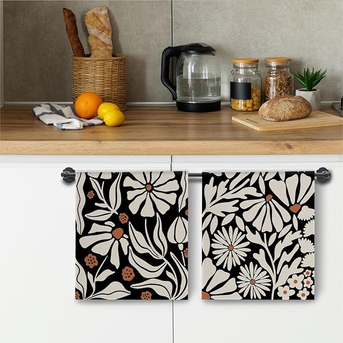 Abstract Boho Beige and Black Floral Kitchen Towels, Groovy 70s Retro Botanical Dish Towels Drying Cloth for Kitchen, Mid Century Modern Flower Hand Towels for Bathroom, 16x24 Inch Set of 2
