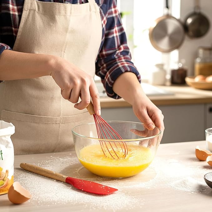 Funnymoom 24 Pcs Small Silicone Whisks and Spatulas with Wooden Handle for Cooking 10 Inch Mini Whisk Spatula Non Stick Kitchen Baking Essentials Cookware for Valentines Day Party Favor Gift Supplies