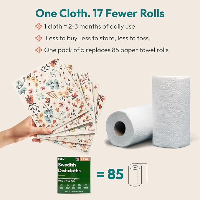 FEBU Swedish Dishcloths for Kitchen | 5 Pack Japanese Reusable Paper Towels Washable | Swedish Dish Towels | Non-Scratch Cellulose Sponge Cloths | No Odor, Biodegradable Cleaning Cloths