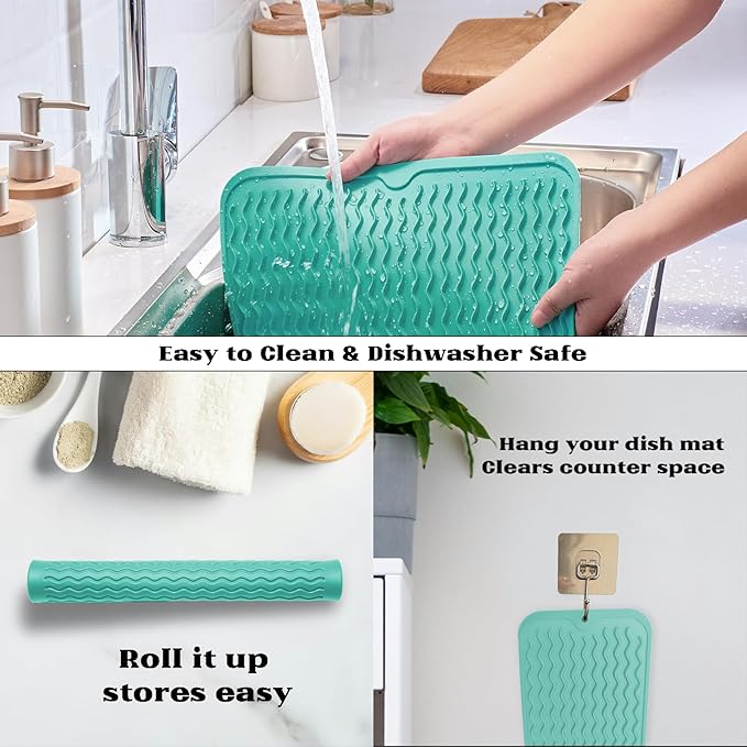 ZLR Silicone Dish Drying Mat & Heat Resistant Trivet (12" x 16") - Waterproof Counter Protector for Air Fryer, Coffee Maker - Non-Slip, BPA Free Kitchen Pad, Easy Clean Dishwasher Safe (Mint Green)