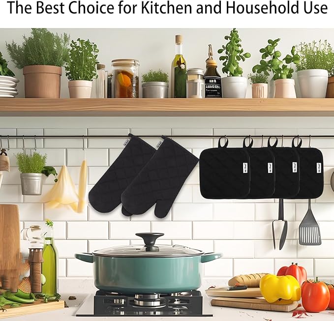 Oven Mitts and Pot Holders Sets,6 Pcs Oven Mitts and Potholders with Recycled Cotton High Heat Resistant Extra Thick Long Oven Mitts for Cooking(Black)
