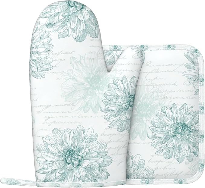 Oven Mitts and Pot Holders Flower Dahlia Line Art Vintage Silicone Kitchen Accessories Set of 2 Heat Resistant Long Gloves Potholder Non-Slip Grip for Chef Cooking,Baking,Grilling,BBQ