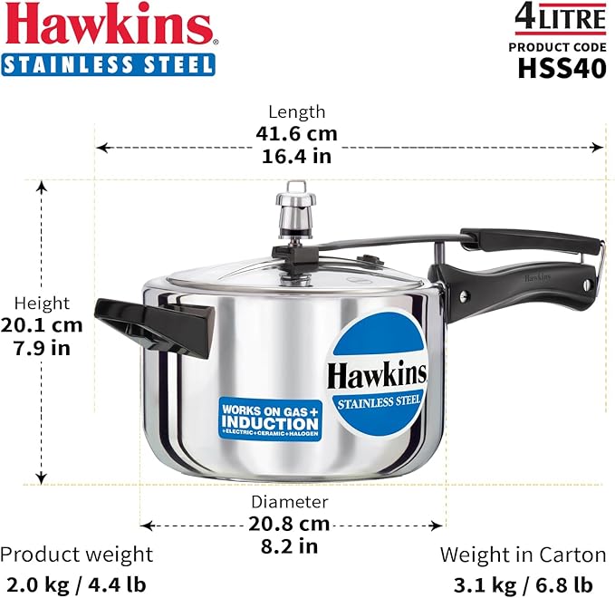 Hawkins 4 Litre Pressure Cooker, Stainless Steel Inner Lid Cooker, Induction Cooker, Silver (Hss40), 4 Liter