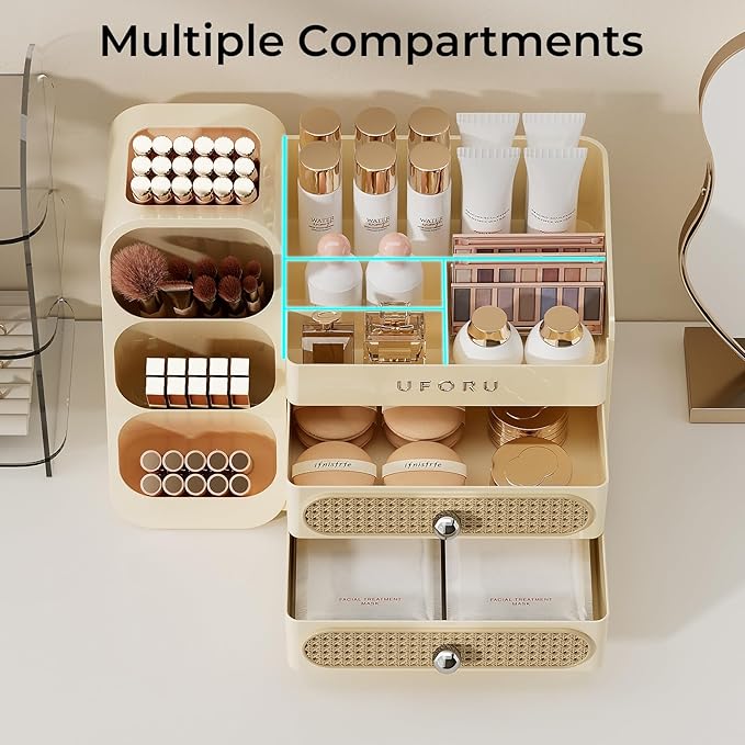 Makeup Organizer for Vanity with Brush Holder, Large Plastic Bathroom Countertop Skincare Organizer with 2 Drawers, Spacious Cosmetic Display Case for Perfumes, Eyeshadow Palettes, Nail Polishes