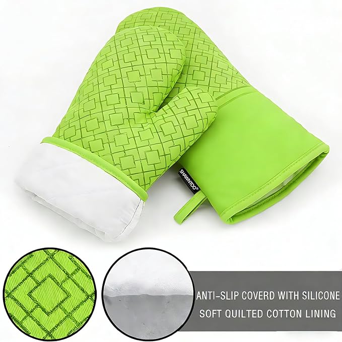 Oven Mitts and Pot Holders Sets 6pcs, Kitchen Oven Glove,High Heat Resistant 550 Degree Extra Long Oven Mitts and Potholders with Non-Slip Silicone Surface for Home Essentials (Grey) (Meadow Green)