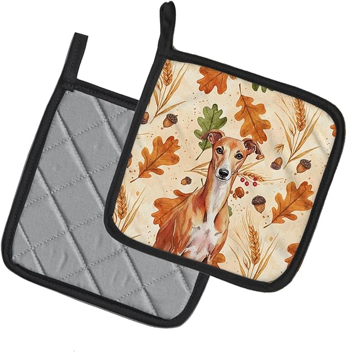 Caroline's Treasures Red Whippet Heirloom Fall Pair of Pot Holders Pair 7.5x7.5 Quilted Insulated Hot Pads Decorative Kitchen Gift Made in USA