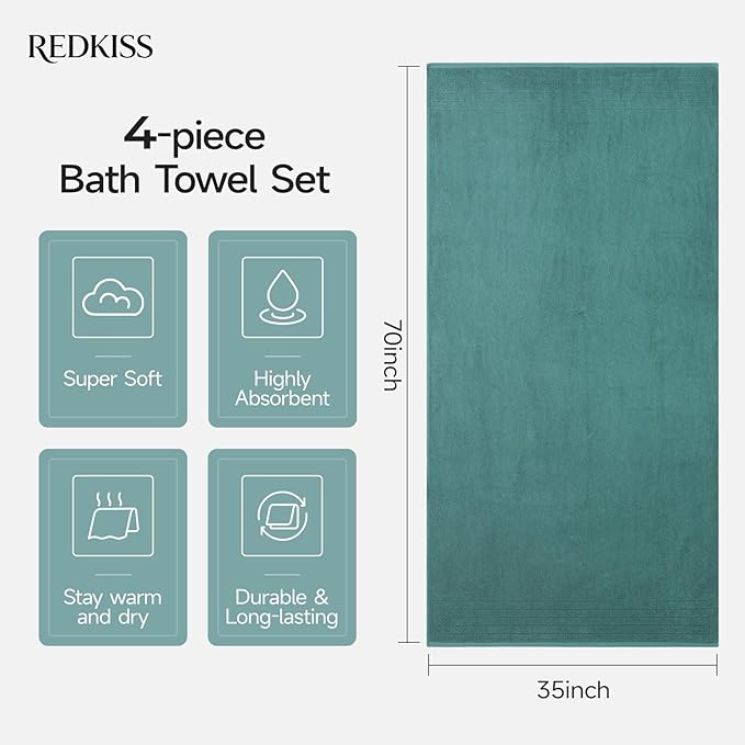 REDKISS Luxury Bath Towels Set of 4, 35x70 in, Highly Absorbent & Quick Dry, Super Soft Extra Large Premium Thick Cotton Blue Bath Sheets for Shower, Hotel, Bathroom, Spa