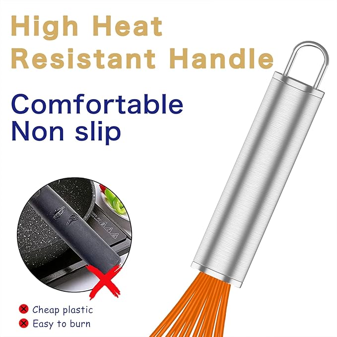 OYV Orange Silicone Whisk, Professional Whisks For Cooking Non-Scratch, Stainless Steel & Silicone Wisk, Plastic Rubber Whisk Tool For Nonstick Cookware Pans, BPA free, Silicon Wisks Set of 3
