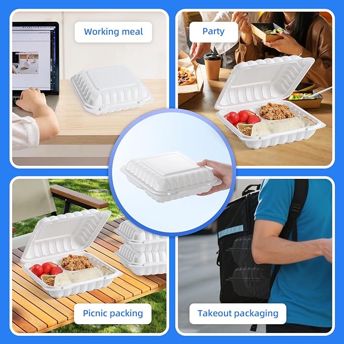 YANGRUI Food Containers 9" 40 oz 100 Pack - Mineral Filled BPA Free Polypropylene Plastic | Shrink Sealed | Reusable Dishwasher Freezer & Microwave Safe | Stackable Design 3 Compartment Takeout Boxes