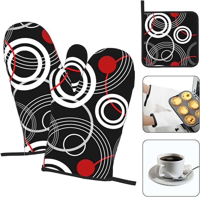 Modern Black Red Retro Oven Mitts and Pot Holders Sets of 3 Abstract Modern Hot Pads Heat Resistant Non Slip Washable for Cooking Grilling Baking BBQ Kitchen Decor