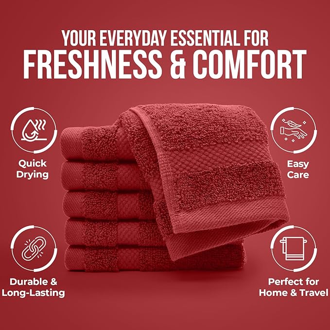 DAN RIVER 12-Pack Premium 100% Cotton Red Face Towels for Bathroom - Reusable Face Wash Cloths for Showering 12x12 Inches - 550 GSM Super Soft & Absorbent Luxury WashCloths for Body, Spa & Gym