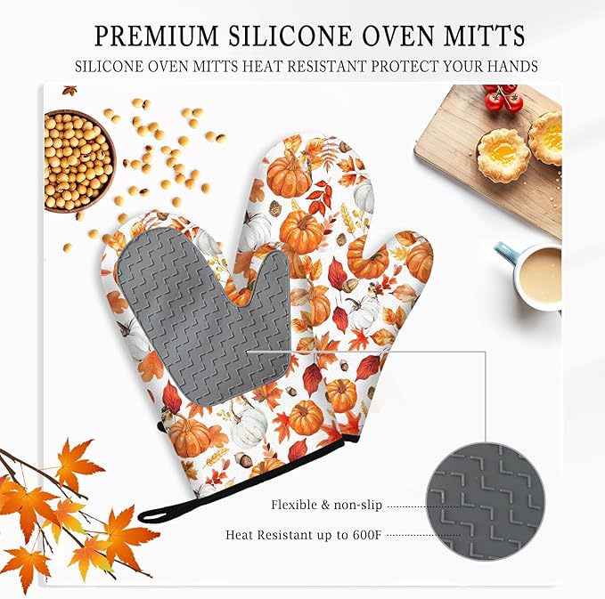 Thanksgiving Pumpkin Oven Mitts and Pot Holders, Fall Oven Mitts Sets of 3 for Cooking Lover Kitchen Decor, Pumpkins Heat Resistant Non-Slip Silicone Kitchen Glove Gifts for Mom Wife Sister BFF