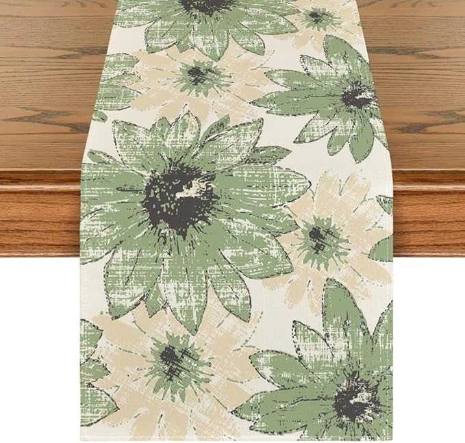 Artoid Mode Green Retro Daisy Spring Table Runner, Seasonal Vintage Kitchen Dining Table Decoration for Home Party Decor 13x72 Inch