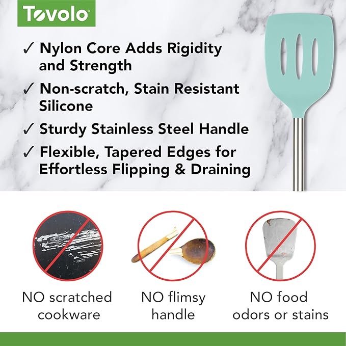 Tovolo Slotted Silicone Spatula Turner Slotted Stainless Steel Handle 10” Aqua Seafoam Green Heat Resistant Non Toxic BPA Free Kitchen Utensil, Silicone Egg Pancake Flipper Metal Handle for Cooking