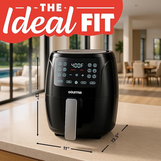 Gourmia Air Fryer - 4 Qt Capacity, FryForce360º, Digital Display with 8 Presets, Roast, Bake, Broil, Dehydrate, Dishwasher Safe Accessories, Compact, Black