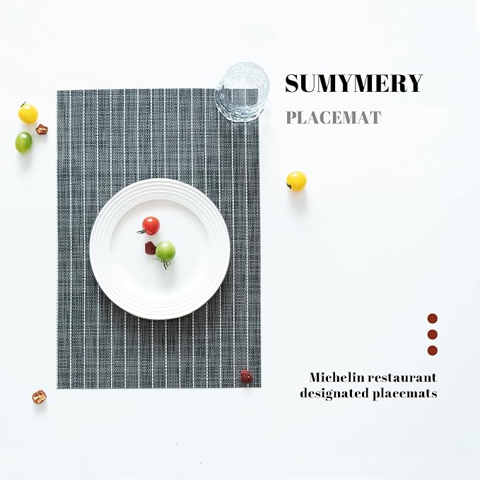 Placemats Set of 4 Vinyl/Plastic Woven Place Mats for Kitchen Table Indoor/Outdoor Washable Placemat Wipeable Dining Table Mats (Black Stripes,4)