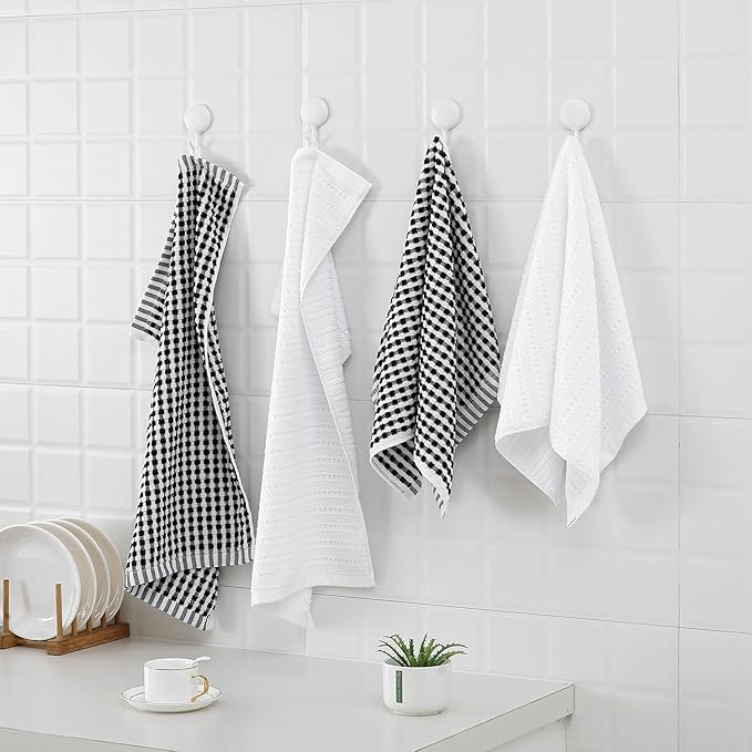 SALAS Cotton Dish Towels Cloths for Kitchen Drying Dishes, Lattice Terry Kitchen Towels, Highly Absorbent Cloths with Hanging Loop, 16‘’ x 26‘’, 4 Packs, Black and White