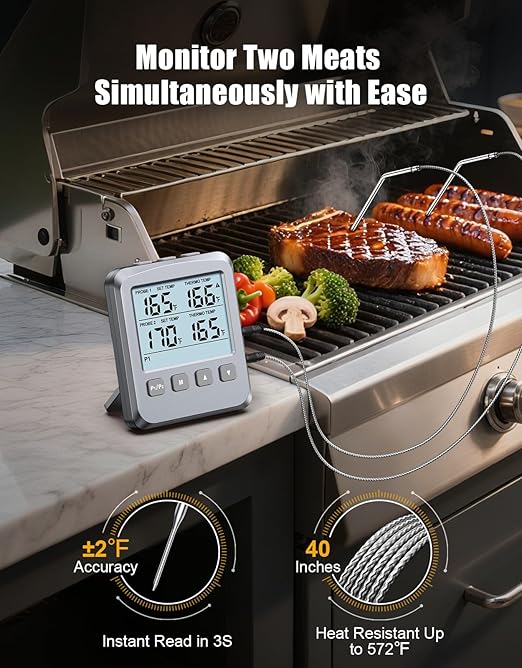 Dual Probe Meat Thermometer Digital for Cooking, Grilling & Smoking with Large LCD Backlight & Alarm, Kitchen Food Grill Thermometer, Smoker Accessories for BBQ, Oven, Oil Fry, Gifts for Men
