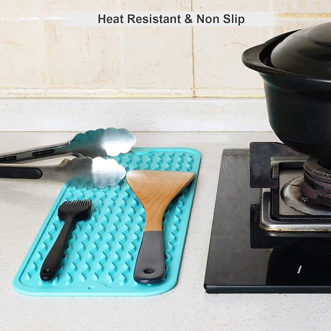 ZLR Silicone Sponge Holder & Sink Caddy Tray (6" x 17") - Narrow Dish Drying Mat for Kitchen Counter - Waterproof Soap Dispenser Organizer, Non-Slip Bathroom Vanity Tray (Mint Green)