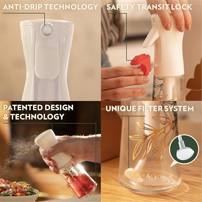 FLAIROSOL OLIVIA Signature Oil Sprayer for Cooking, 2 Pack 200ML Glass Olive Oil Sprayer, Continuous Cooking Spray Dispenser with Portion Control for Kitchen Air Fryer, Salad, BBQ, White
