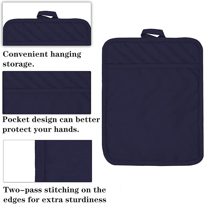 Oven Pot Holder with Pocket Cotton Heat Resistant Coaster Potholder Kitchen Hot Pad Oven Mitts for Cooking Square 7"x9" Set of 3 (Navy Blue)