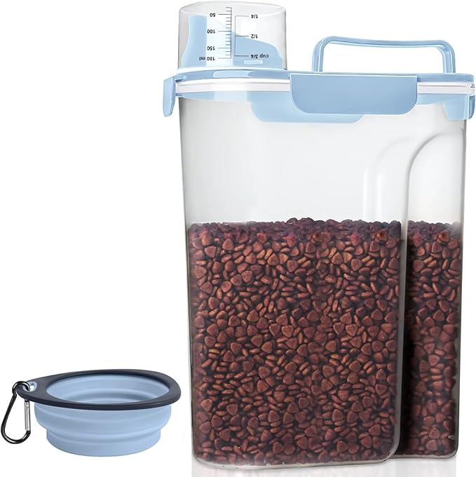 LEAWALK Airtight Small Cat Dog Pet Food Storage Containers BPA Free, with Large Pour Spout/1 Measuring Cup/ 4 Safety Locks and Double-layer Silicone Strip (Elegant Blue, 5L-1pack)
