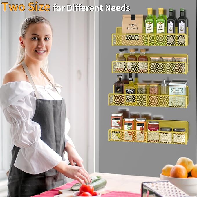 DTUQYX Magnetic Spice Rack for Refrigerator, 4 Pack 100% Metal Strong Magnet Fridge Shelves, Space Saving Spice Organizer, No Drilling Moveable Home Kitchen Laundry Room Storage Organization, Yellow
