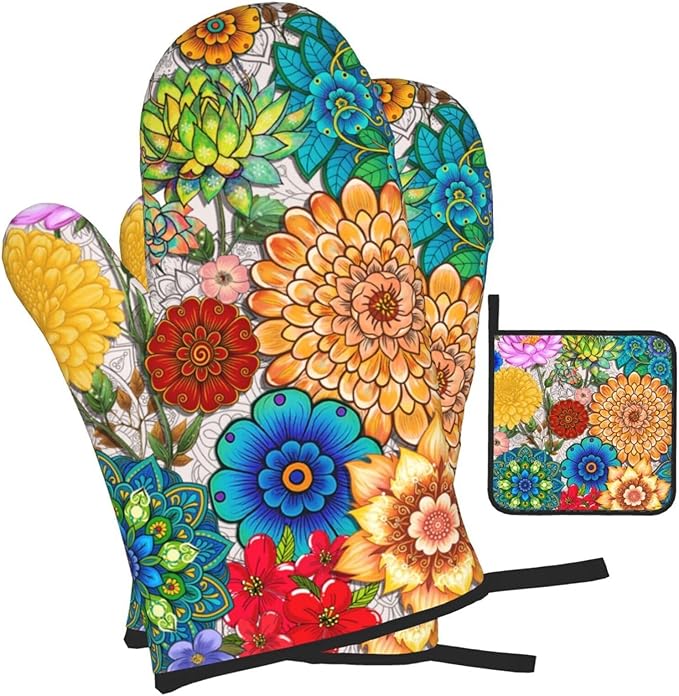 Boho Floral Pot Holders and Oven Mitts Set of 3, Colorful Flowers Baking Gloves Hot Pads, Heat Resistant Kitchen Mitts for Oven, Baking Gifts & Housewarming Gifts for Women Chef Baker Hostress Mom