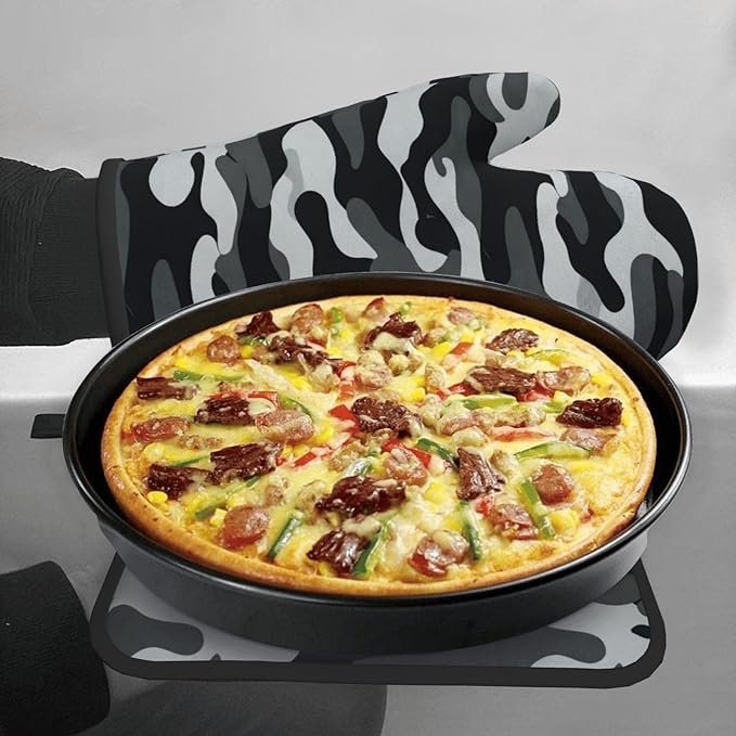 Black and Gray Gcamouflage Oven Mitts and Pot Holders Heat Resistant Oven Mitts Safe for Baking Cooking BBQ