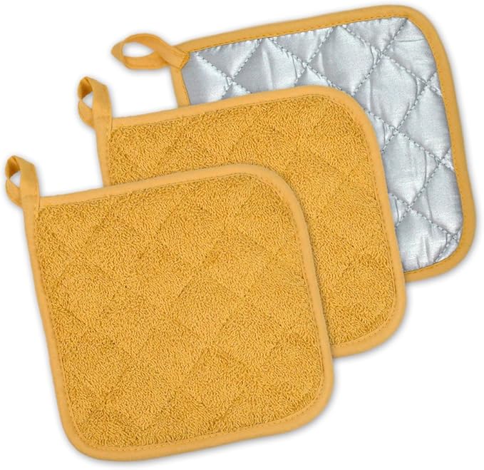 DII Basic Terry Collection Quilted 100% Cotton, Potholder, Mustard, 3 Piece