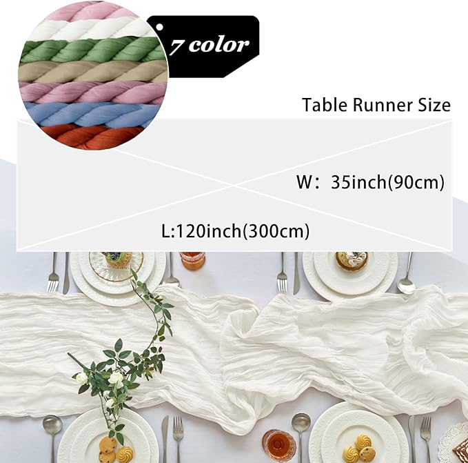 IVAPUPU 1 Pcs Cheesecloth Table Runner - 10ft Ivory White Spring Boho Gauze Cheese Cloth Table Runners for Baby Shower Decorations Wedding Party Garden Farmhouse