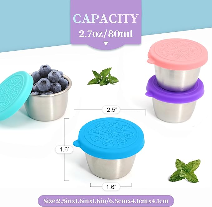 Qukaka 6x2.7 Oz Salad Dressing Container to Go,Handy Leakproof Stainless Steel Meal Prep Containers Reusable,Sauce Containers for Lunch Box, Picnics, Travel, Office and Kitchen Storage